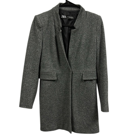 Zara Gray White Herringbone Single Snap Faux Pocket Mid Length PeaCoat Womens S - Picture 4 of 12